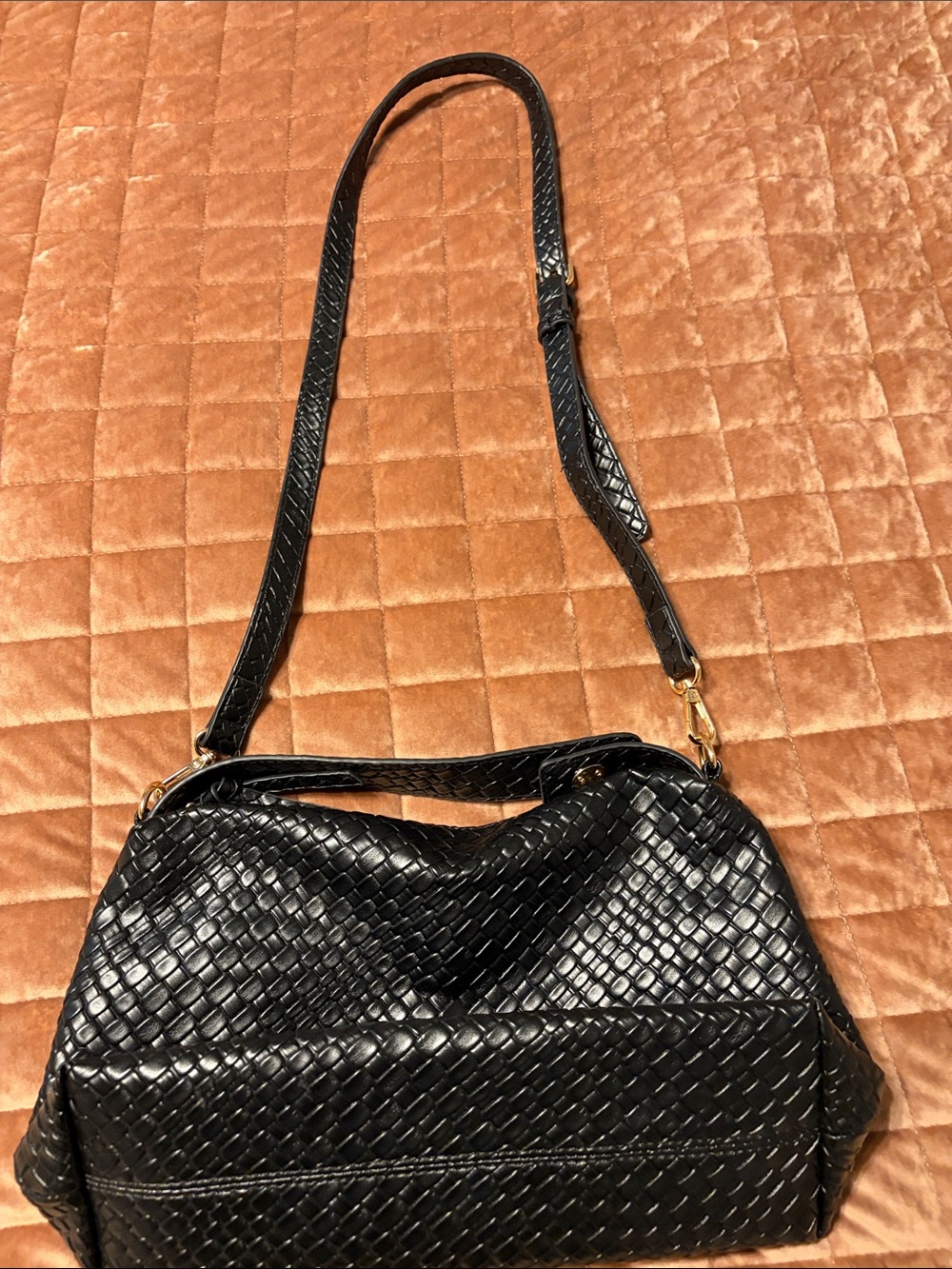 Black Woven Leather Shoulder Bag - Women's Crossbody